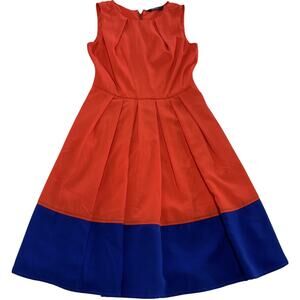 eShakti Dress Women 2 Orange Blue Fit Flare Sleeveless Pockets Colorblock Modern